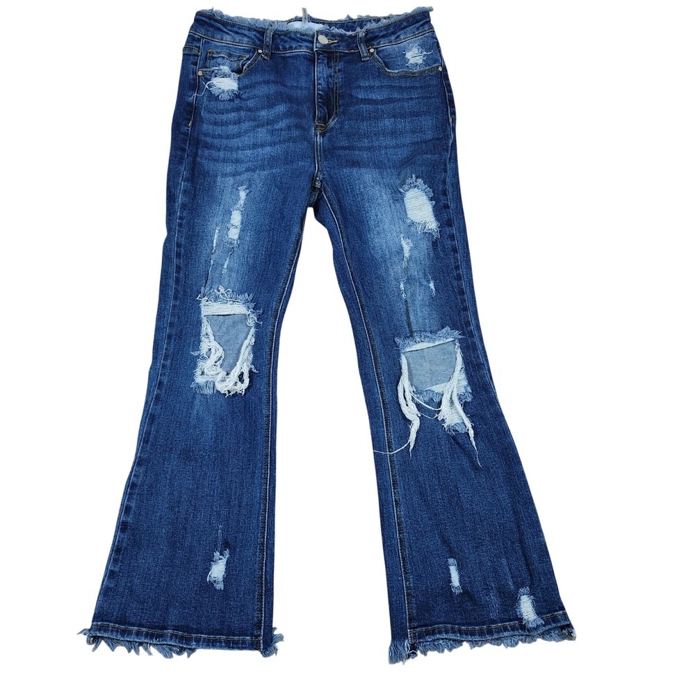 Risen Jeans Womens Size 13 Petite Flare Jeans Distressed Denim Blue Bell Bottoms